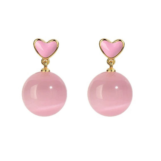 Pink Heart Cat's Eye Earrings