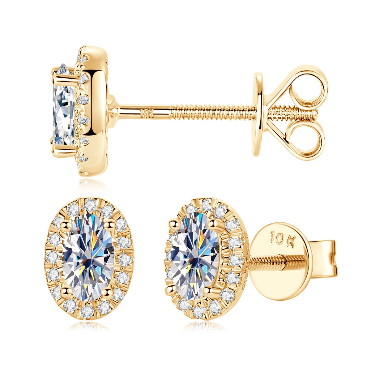 10K Gold Oval Halo Moissanite Studs