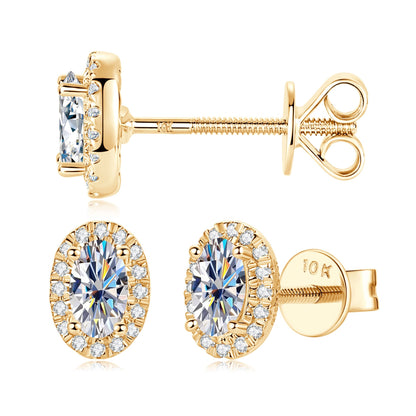 10K Gold Oval Halo Moissanite Studs