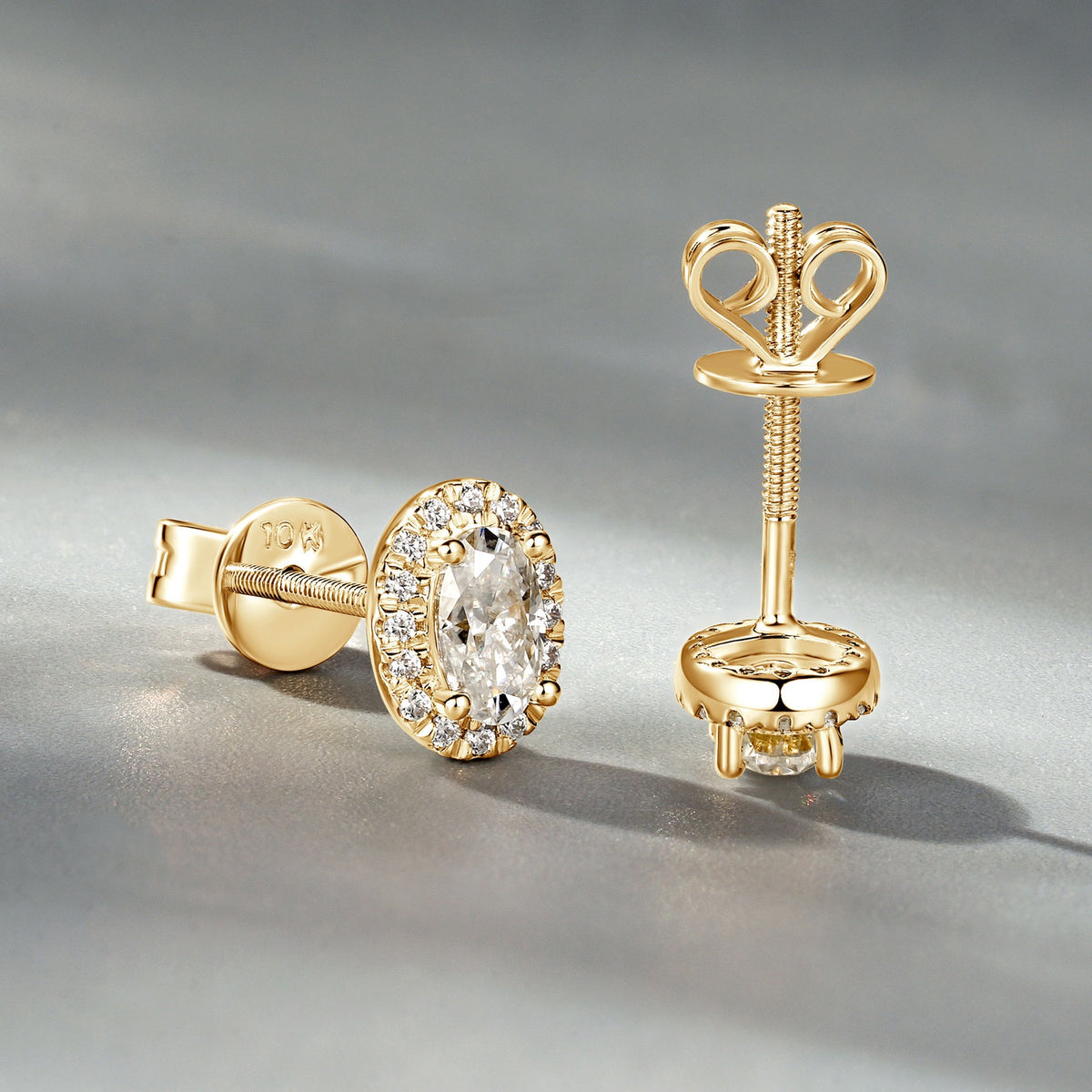10K Gold Oval Halo Moissanite Studs