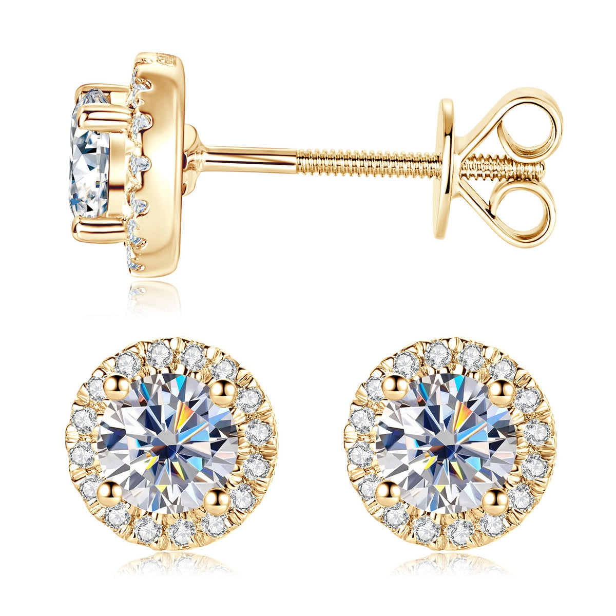10K Gold Round Halo Moissanite Studs