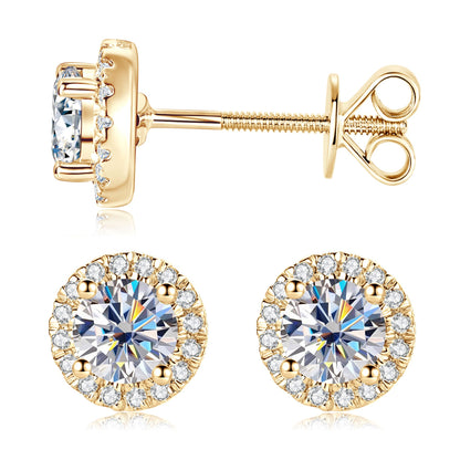 10K Gold Round Halo Moissanite Studs
