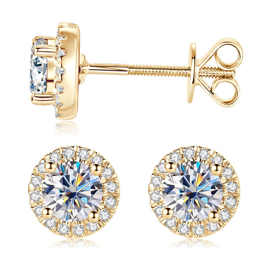 10K Gold Round Halo Moissanite Studs