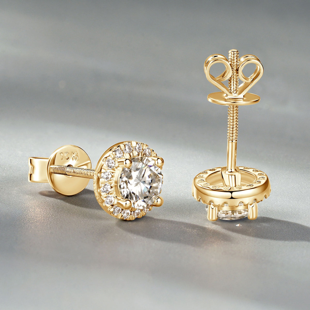 10K Gold Round Halo Moissanite Studs