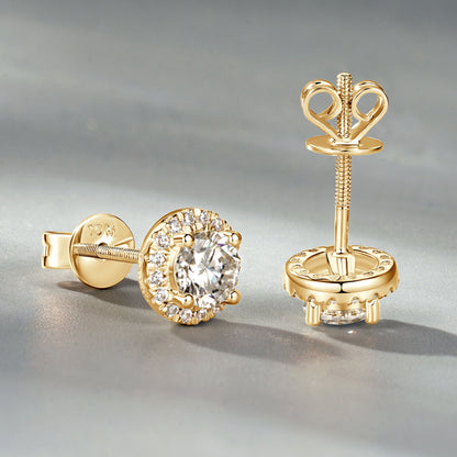 10K Gold Round Halo Moissanite Studs