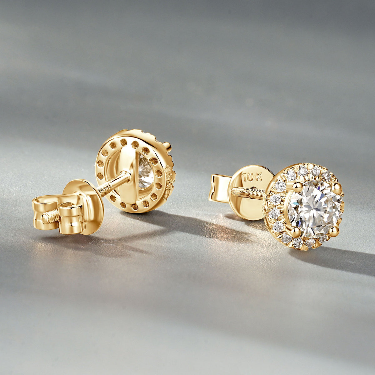 10K Gold Round Halo Moissanite Studs