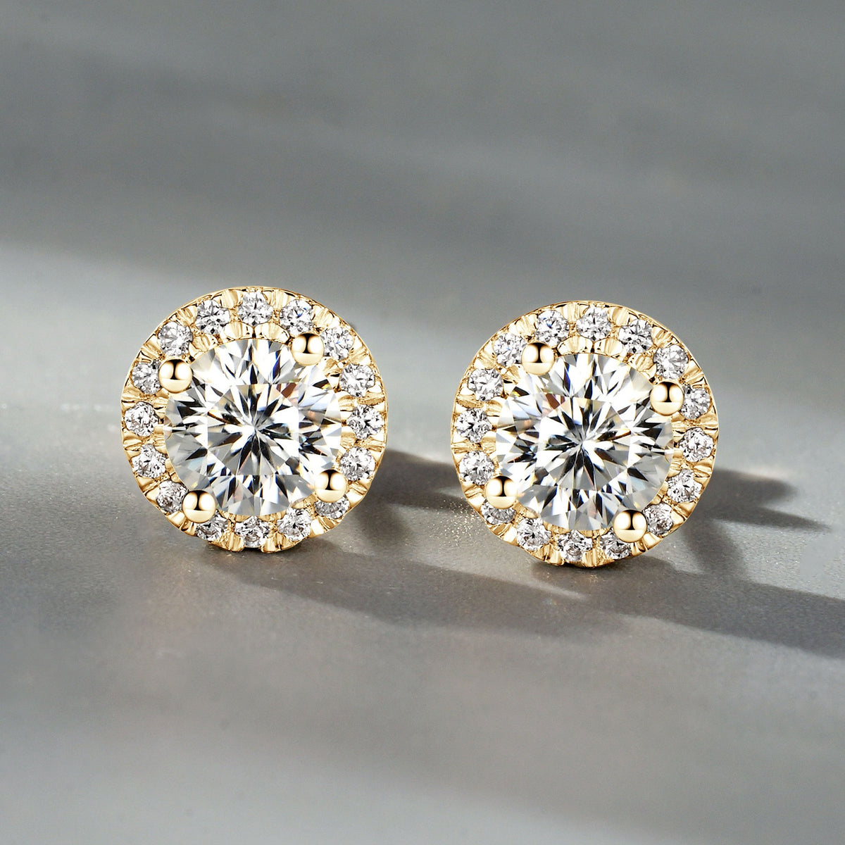 10K Gold Round Halo Moissanite Studs
